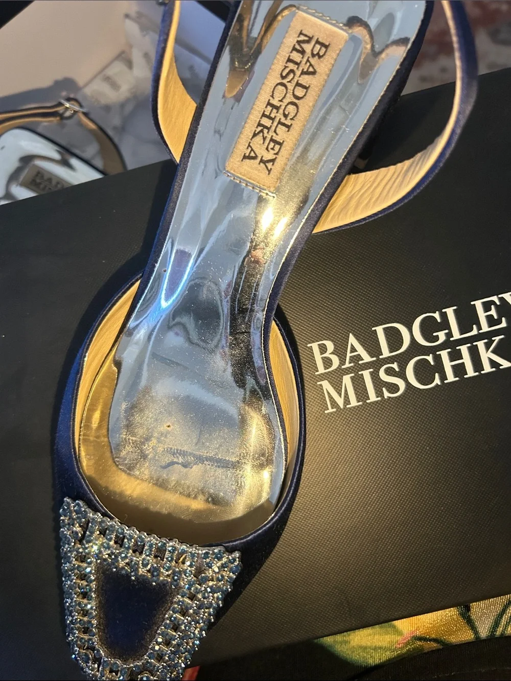 Badgley Mischka Navy Satin Crystal Buckle Slingback Heels